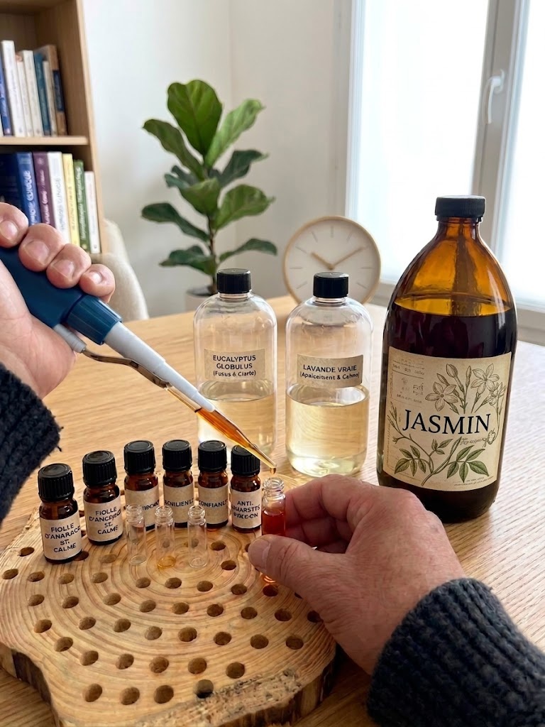 Dominique Jolivet conditionne une fiole d'huile essentielle pendant une séance d'hypnose pour l'arrêt du tabac, avec eucalyptus, lavande vraie et jasmin