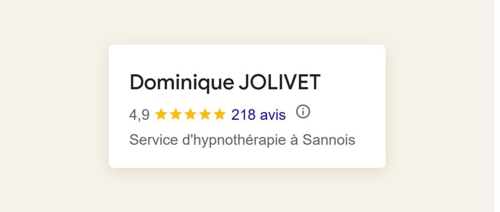 Fiche Google de Dominique JOLIVET, hypnothérapeute à Sannois, affichant sa note et le nombre d'avis clients rétablis.