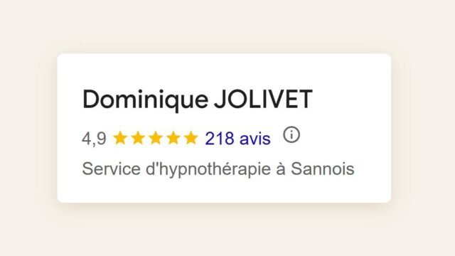 Fiche Google de Dominique JOLIVET, hypnothérapeute à Sannois, affichant sa note et le nombre d'avis clients rétablis.