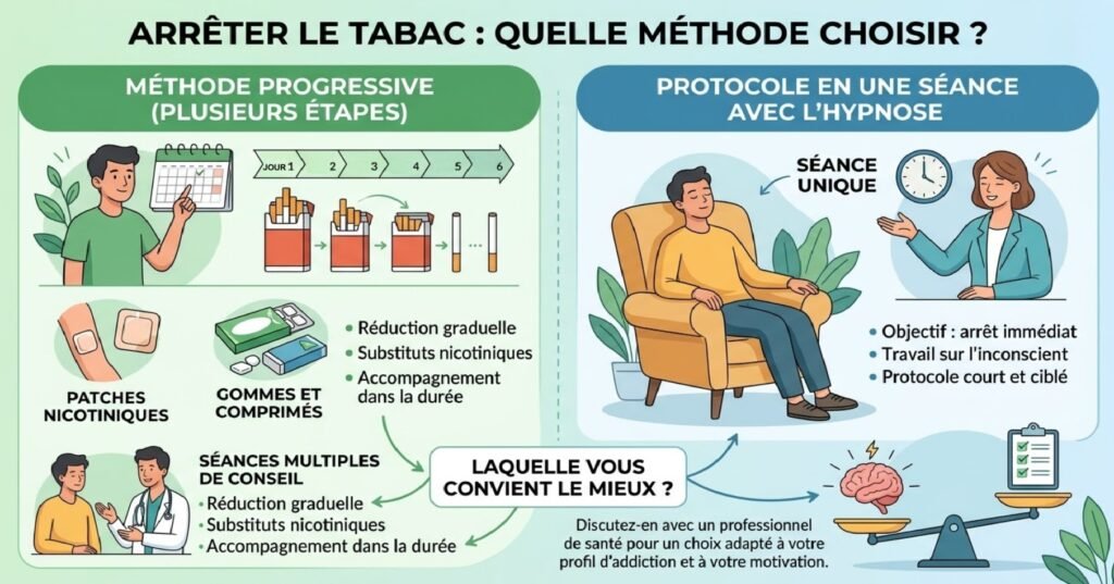 Infographie comparative : à gauche la méthode progressive pour arrêter le tabac, avec patchs nicotiniques, gommes, comprimés et séances multiples de conseil ; à droite le protocole d'arrêt du tabac en une seule séance avec l'hypnose, centré sur l'arrêt immédiat et le travail sur l'inconscient.