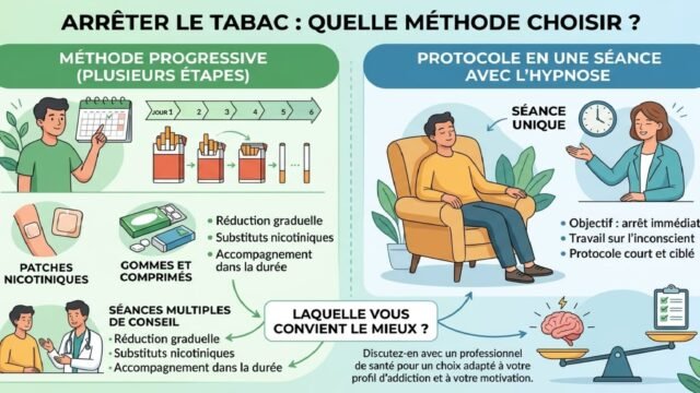 Infographie comparative : à gauche la méthode progressive pour arrêter le tabac, avec patchs nicotiniques, gommes, comprimés et séances multiples de conseil ; à droite le protocole d'arrêt du tabac en une seule séance avec l'hypnose, centré sur l'arrêt immédiat et le travail sur l'inconscient.